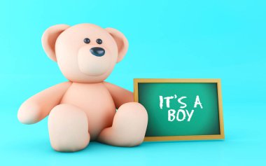 3D çizim. Pembe bir oyuncak ayı ile yazı tahtası üzerinde yazılı çocuk mesaj. 