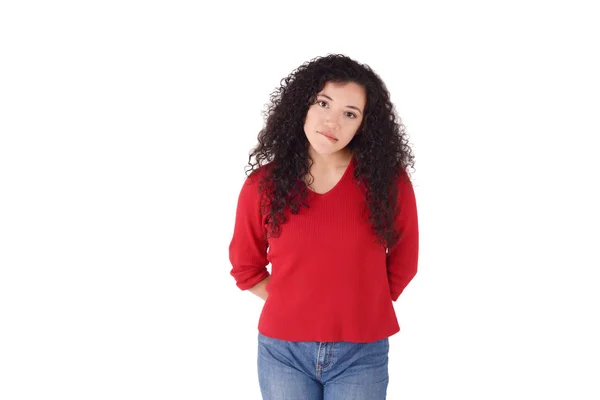 Portrait Une Fille Mignonne Déçue Regardant Caméra Fond Blanc Isolé — Photo