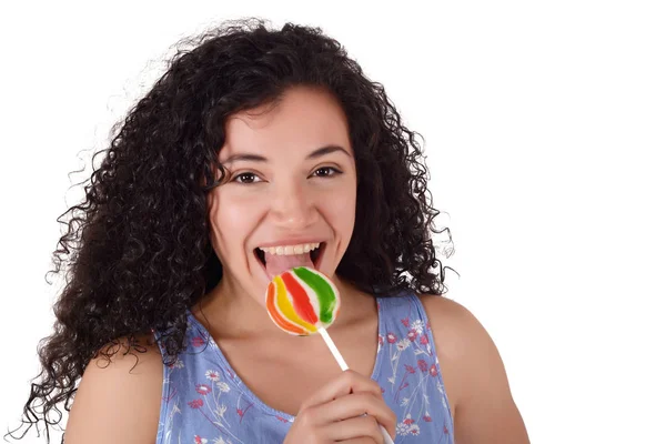 Retrato Bela Mulher Feliz Comendo Pirulito — Fotografia de Stock