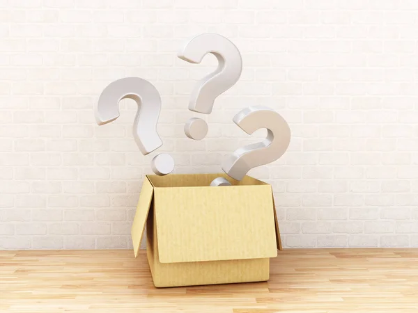 3d illustration. Question mark in an open Cardboard Box.
