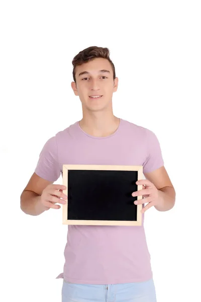 Portrait Handsome Young Man Holding Empty Chalkboard Isolated White Background — Stock Photo, Image