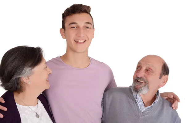 Retrato Avô Seu Neto Adolescente Sorrindo Fundo Branco Isolado — Fotografia de Stock