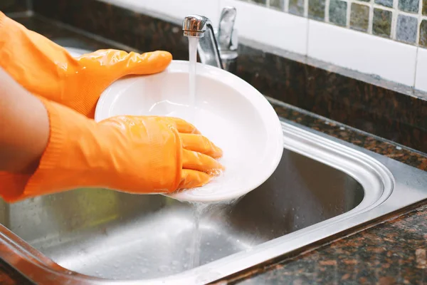 Close View Hands Rubber Gloves Washing Dishes Sponge Housework Concept — Stock Photo, Image