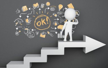 3D çizim. Oku merdiven üzerinde duran ve iş kroki çizim beyazlar. Busimess kavramı  