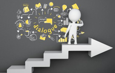 3D çizim. Oku merdiven üzerinde duran ve iş kroki çizim beyazlar. Busimess kavramı  