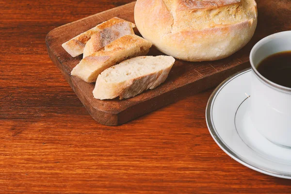Coffe Com Pão Sobre Fundo Madeira Conceito Pequeno Almoço — Fotografia de Stock