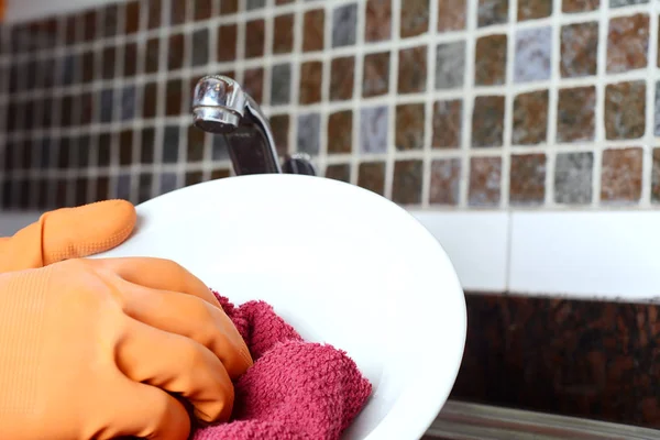 Close View Hands Rubber Gloves Washing Dishes Sponge Housework Concept — Stock Photo, Image