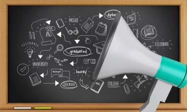 3D Oluşturucu görüntü. Blackboard eğitim kroki ve megafon ile. 