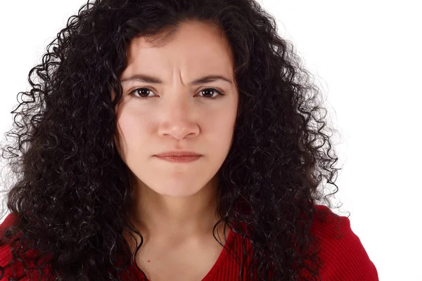 Mujer Joven Enojado Molesto Mirando Cámara Con Mirada Escéptica Desconfiada — Foto de Stock