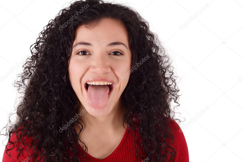 Young beautiful woman showing expression. Isolated white background.