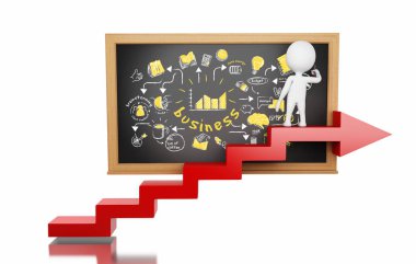 3D çizim. Oku merdiven üzerinde duran ve iş kroki çizim beyazlar. Busimess kavramı  