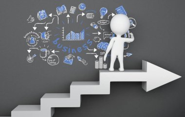 3D çizim. Oku merdiven üzerinde duran ve iş kroki çizim beyazlar. Busimess kavramı  