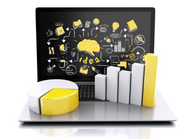 3D laptop businesss kroki ile. İş başarı kavramı. Beyaz arka plan üzerinde izole