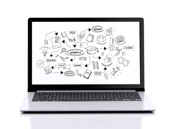 Зображення Сучасного Ноутбука Навчальним Ескізом Ілюстрація Білому Тлі — стокове фото
