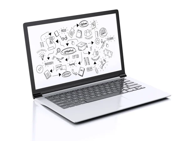 Bild Des Modernen Laptops Mit Bildungsskizze Illustration Auf Weißem Hintergrund — Stockfoto