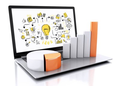 3D laptop businesss kroki ile. İş başarı kavramı. Beyaz arka plan üzerinde izole