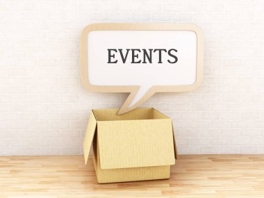 3D çizim. Duvara karşı olaylarla konuşma balonu ile kutuyu açtın. Toplantı kavramı