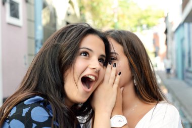 İki en iyi arkadaş hisse sırları. Dedikodu ve sırları fısıldayan genç kadın. İnsanlar ve dostluk kavramı 