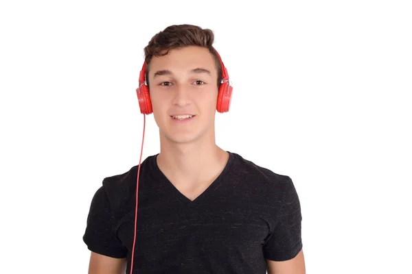 Retrato Adolescente Sonriente Escuchando Música Con Auriculares Fondo Blanco Aislado —  Fotos de Stock