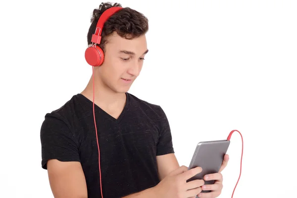 Tizenéves Fiú Tabletta Használata Fejhallgató Technológia Koncepció Elszigetelt Fehér Háttér — Stock Fotó