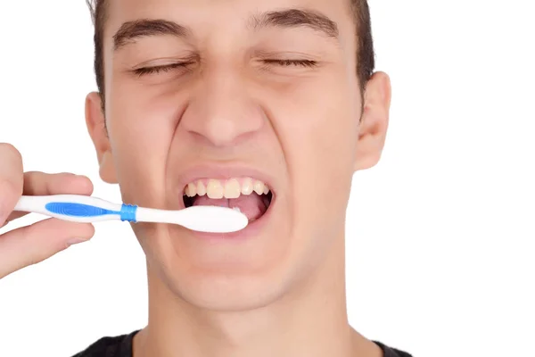 Perto Jovem Escovar Dentes Conceito Saúde Beleza Fundo Branco Isolado — Fotografia de Stock
