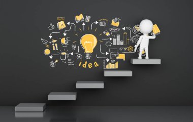 3D çizim. Oku merdiven üzerinde duran ve stratejik fikir kroki çizim beyazlar. Yaratıcı kavramı 