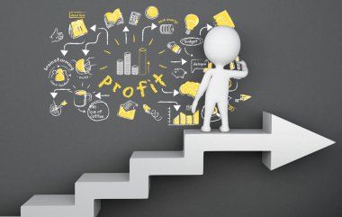 3D çizim. Oku merdiven üzerinde duran ve stratejik fikir kroki çizim beyazlar. Yaratıcı kavramı 