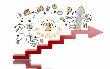 3D çizim. Oku merdiven üzerinde duran ve stratejik fikir kroki çizim beyazlar. Yaratıcı kavramı 