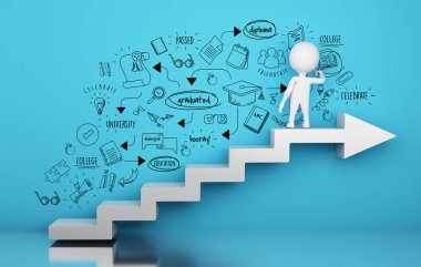 3D çizim. Oku merdiven üzerinde duran ve stratejik fikir kroki çizim beyazlar. Yaratıcı kavramı 