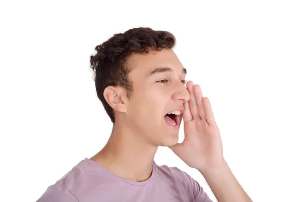 Portret Teen Chłopiec Krzyczy Szeroko Otwartymi Ustami Białym Tle — Zdjęcie stockowe