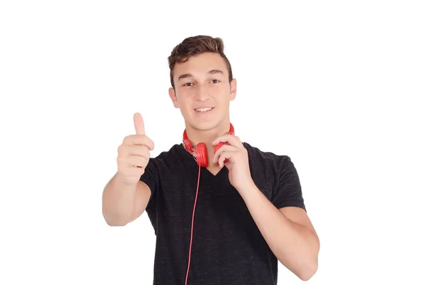 Retrato Adolescente Sonriente Escuchando Música Con Auriculares Fondo Blanco Aislado —  Fotos de Stock