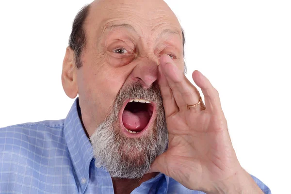 Retrato Idoso Gritando Com Mãos Rosto Backgroun Branco Isolado — Fotografia de Stock