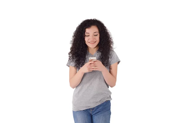 Mujer Hermosa Joven Usando Teléfono Inteligente Interior Fondo Blanco Aislado —  Fotos de Stock