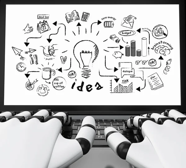 3D çizim. Robot el yaratıcılık ile bir dizüstü bilgisayarda yazarak kroki. Beyin fırtınası kavramı. İzole beyaz arka plan