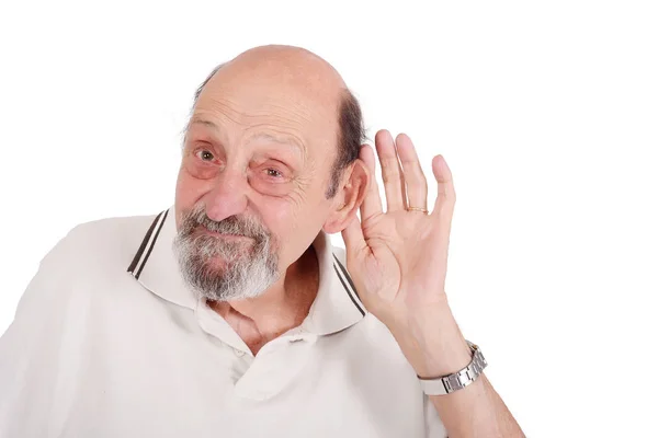 Portret Van Dove Oude Man Wilt Beluisteren Geïsoleerd Een Witte — Stockfoto