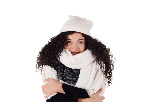 Retrato Una Mujer Congelada Invierno Con Ropa Abrigo Aislado Sobre — Foto de Stock