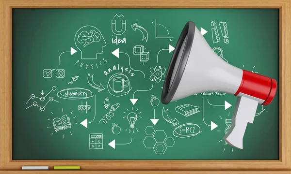 Renderer Image Blackboard Science Chemestry Sketch Megaphone Education Concept — Stock Photo, Image