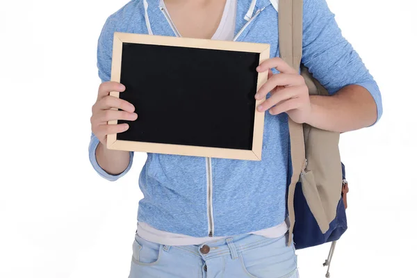 Retrato Joven Guapo Sosteniendo Una Pizarra Vacía Fondo Blanco Aislado —  Fotos de Stock