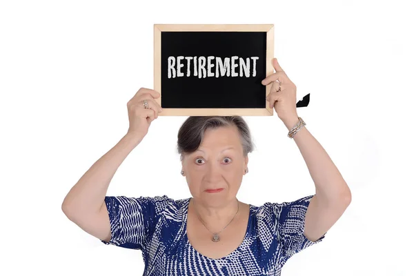 Elderly Woman Holding Chalkboard Text Retirement Her Hands Isolated White — Stock Photo, Image