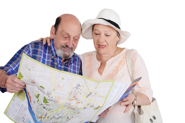 Portrait Senior Couple Map Looking Sights Travel Concept Isolated White — Stock Photo, Image