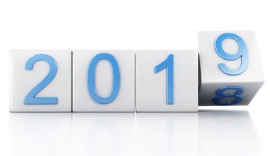 3D render illüstrasyon. Beyaz küpleri ile 2019. Yeni yıl kavramı. Beyaz arka plan üzerinde izole.