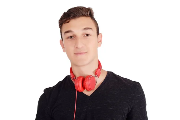 Retrato Adolescente Sonriente Escuchando Música Con Auriculares Fondo Blanco Aislado —  Fotos de Stock