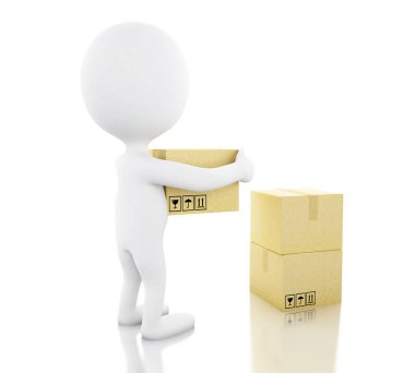 3D çizim. Karton kutular taşıyan beyaz insanlar. Nakliye kavramı. İzole beyaz arka plan