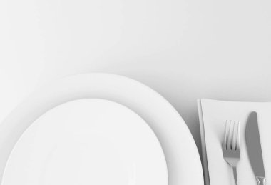 3D çizim. Çatal ve bıçak plakalı beyaz arka plan üzerinde izole.