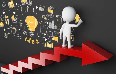 3D çizim. Oku merdiven üzerinde duran ve stratejik fikir kroki çizim beyazlar. Yaratıcı kavramı 