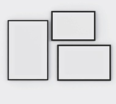 3D çizim. Gri duvar üzerine üç kare poster. Mockup şablonu.