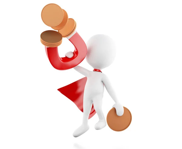 3d renderer image. White people with red cape and horseshoe magnet attracting money. Business concept. Isolated white background