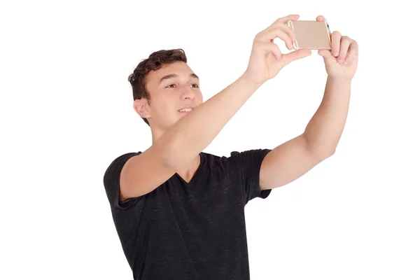 Portrait Young Handsome Man Taking Selfie Whit Mobile Phone Isolated — Stock Photo, Image