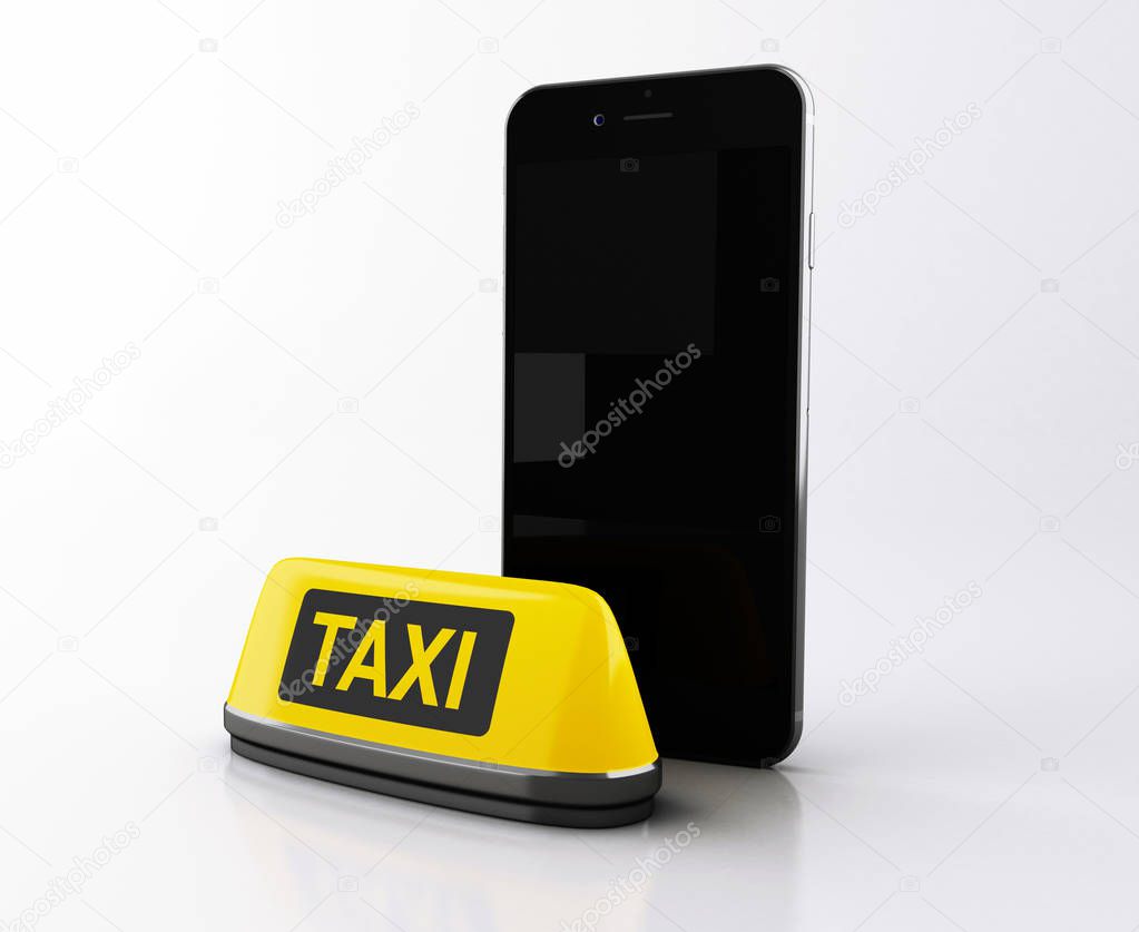 3D illustration. Smartphone with application for online taxi. Service app, transportation concept.