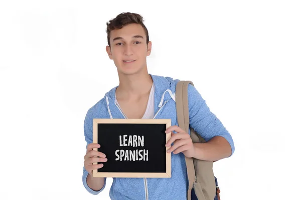 Porträt Eines Gutaussehenden Jungen Mannes Der Eine Kreidetafel Mit Spanisch — Stockfoto